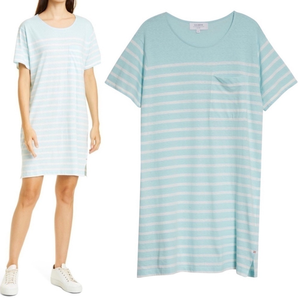 LA LIGNE NWT Edie Knit Dress Pale Blue Ivory 100% Cotton Medium